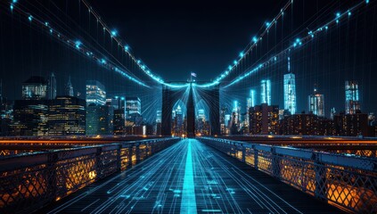 Futuristic Cityscape: Brooklyn Bridge with Digital Overlay