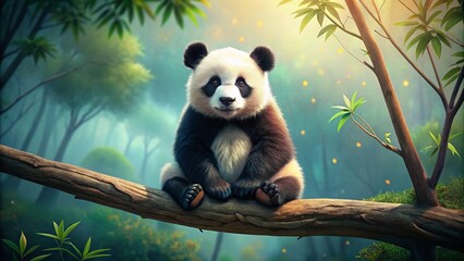 Obraz premium Minimalist Panda Tree, Cute Cartoon Panda Sitting on Branch, Simple Panda Illustration, Peaceful Nature Scene
