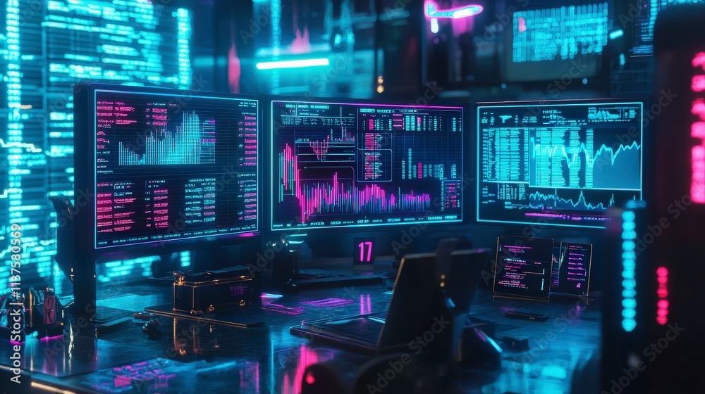 Poster Futuristic trading workspace with holographic displays tech hub digital environment cyberpunk viewpoint innovation overview
