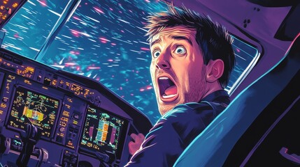 Obraz premium Terrified pilot, cockpit, streaks outside, emergency.