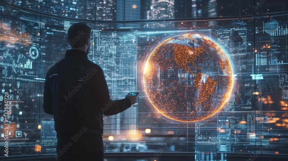 Poster High-tech corporate visualization of global data modern office digital content futuristic environment expert perspective