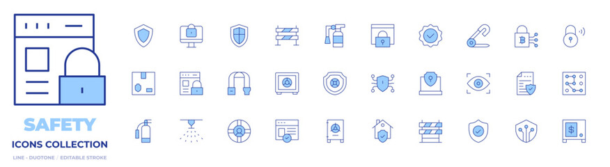 Safety icons collection. Line Duotone style, editable stroke. shield, online security, safety, strong box, extinguisher, home, lifeguard, website, sprinkler, safety belt, safety box