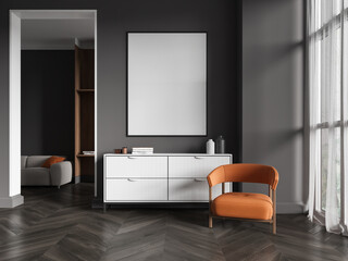 Minimalist room interior with blank wall poster and furniture setup. 3D Rendering