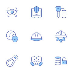 Safety icons set. Line Duotone style, editable stroke. gas mask, key, carabiner, eye scan, environment protection, database, helmet, labor day, safe box