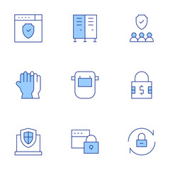 Safety icons set. Line Duotone style, editable stroke. lockers, welding mask, shield, browser, padlock, reset, gloves