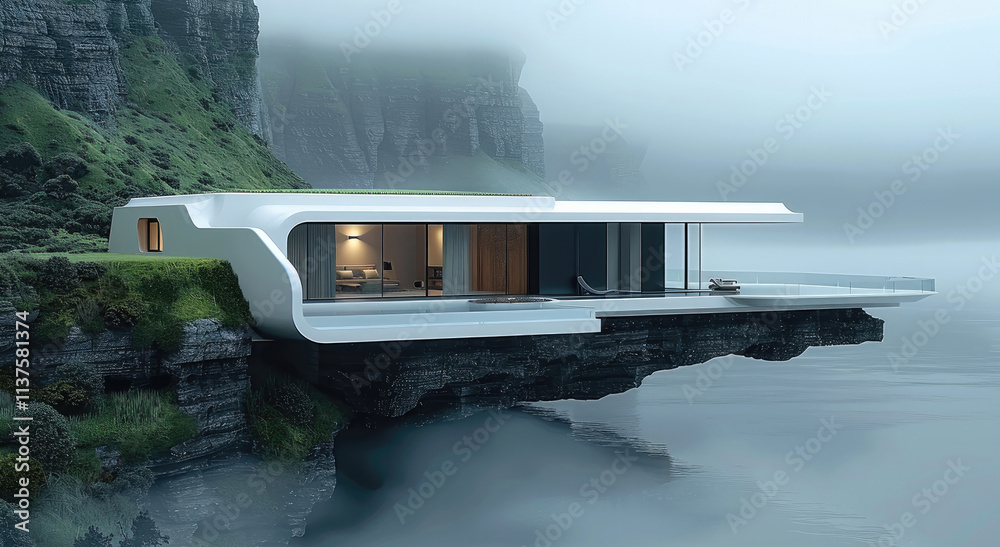 Poster modern white villa standing on a cliff with small green garden in island, foggy view in background.