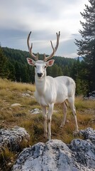 Obraz premium A majestic white deer with perfect antlers, and with beautiful views of the pine forest