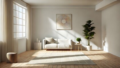 Fototapeta premium Minimalist Living Room Interior with Sunlight Streaming Through Window and Natural Light