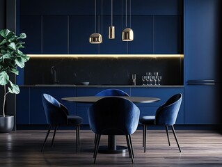 Contemporary Kitchen and Dining Room with Blue Accent