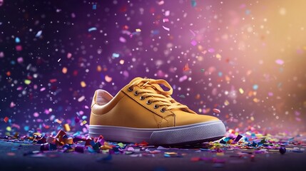 Vibrant yellow sneakers with sporty detailing resting amidst a backdrop of playful confetti  The glowing purple bokeh enhances the dynamic energy of the scene