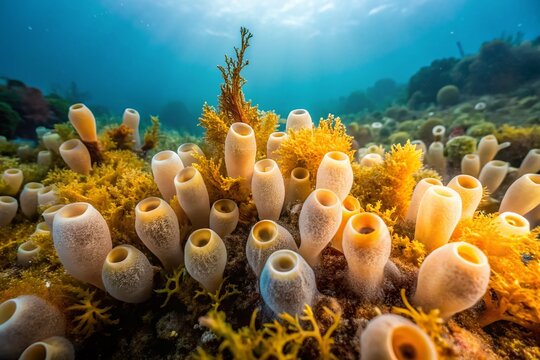 Minimalist Seabed: Ciona Intestinalis Ascidian Colony, Brown Algae, Laminaria