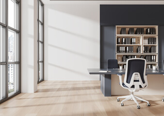 Modern office interior with desk, chair, and wall shelves in bright room with large windows and wooden flooring. 3D Rendering