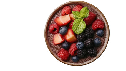 Colorful bowl of mixed berries including raspberries, blueberries, and strawberries garnished with fresh mint leaves on a simple background.