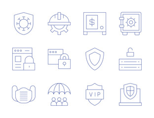 Safety icons. Thin Line style, editable stroke. immunity, online security, protective mask, safety box, security, shield, labor day, padlock, risk management, server