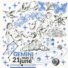 Hand drawn gemini zodiac sign illustration, horoscope background with astrology symbols and talismans.
