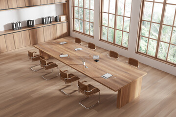 Modern conference room with wooden table, chairs, and large windows offering a natural view. 3D Rendering