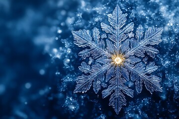 Close-up of a beautiful snowflake on a blue background
