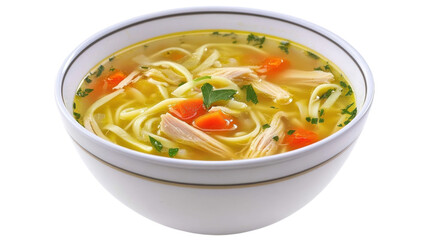 Warm chicken noodle soup served in a white bowl with fresh herbs and vegetables on a light background.