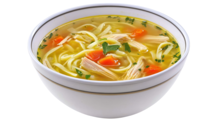 Warm chicken noodle soup served in a white bowl with fresh herbs and vegetables on a light background.