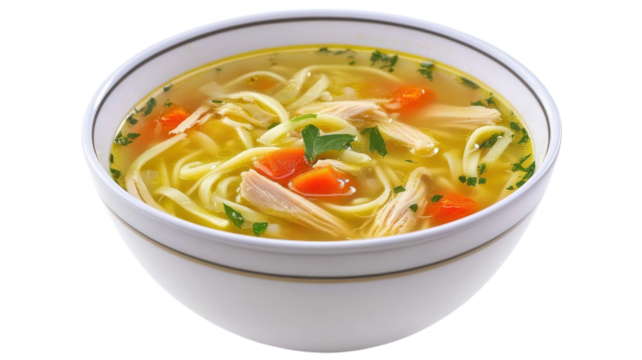 Warm chicken noodle soup served in a white bowl with fresh herbs and vegetables on a light background.