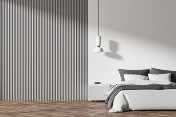 Modern bedroom interior with minimalist decor and striped wall design. 3D Rendering