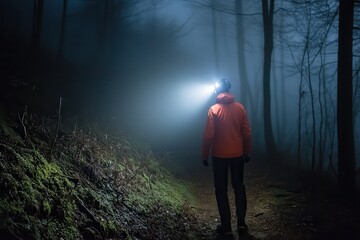 Person with Headlamp Walking Through Foggy Forest at Night