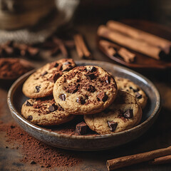 Close-up of gourmet cookies displayed on a ceramic plate, surrounded by subtle props like cinnamon sticks and cocoa powder, designed with soft shadows 