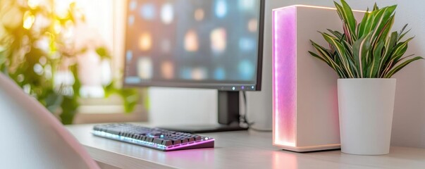 Computer home compact CPU tower, edge-lit monitor, ergonomic desk, clean and efficient design