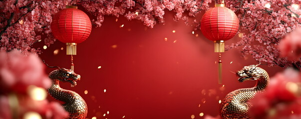 Elegant Chinese Lunar Year Snake Festivity with Red Lanterns and Cherry Blossom Background