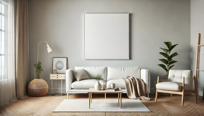 Minimalist Living Room Mockup with Empty Frame and Neutral Tones