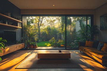 Fototapeta premium Sunlight streams into a modern living room with a view of a lush garden