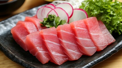 Fresh Tuna Sashimi Served on Black Plate with Vegetables and Garnish