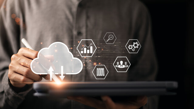 cloud computing backup technology concept ,Access to server communication services ,database connection with modern hardware and software ,Security Administration ,Personal Storage Management - Powered by Adobe