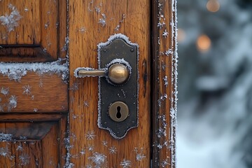 Fototapeta premium A frosty wooden door with a handle and keyhole covered in snow.