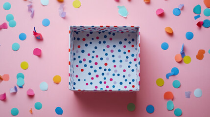 Overhead view of an empty open birthday present gift box with colorful confetti