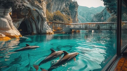 Marine Aquarium that is partially covered and the other part open to a clear water cove with large mountains surrounding it. Inside the water inside the marine aquarium are several baby.