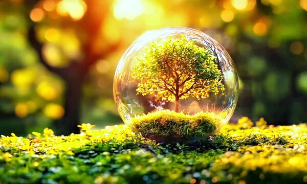Beautiful nature footage featuring a vibrant tree encased in a clear glass orb surrounded by lush greenery, sunlight, and eco-friendly themes. Perfect for promoting sustainability, nature, and bea