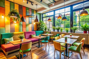 Modern Colorful Cafe Interior Design: Vibrant Walls, Stylish Seating, Trendy Coffee Shop Decor