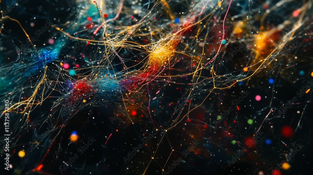 Aufkleber Abstract Colorful Network of Threads and Particles in Dark Background