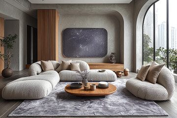 Contemporary living room with curved sofa and round window