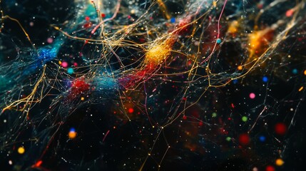 Abstract Colorful Network of Threads and Particles in Dark Background