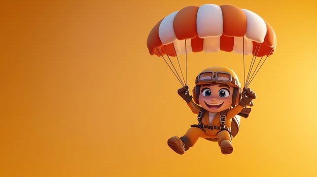 Happy cartoon child in a parachute.