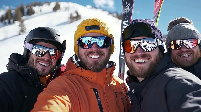 Skiing Friends Having Fun at Snowy Mountain Base