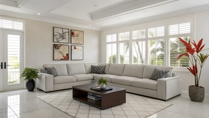 Fototapeta premium A photo of a spacious living room with clean lines and a neutral color palette. There is a large sectional sofa in a light grey hue, placed near the large windows. A sleek, dark brown coffee table .