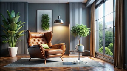 Modern Minimalist Interior with Leather Armchair in Panoramic View, Showcasing Elegant Design and Open Space Concepts for Contemporary Living and Stylish Decor Ideas