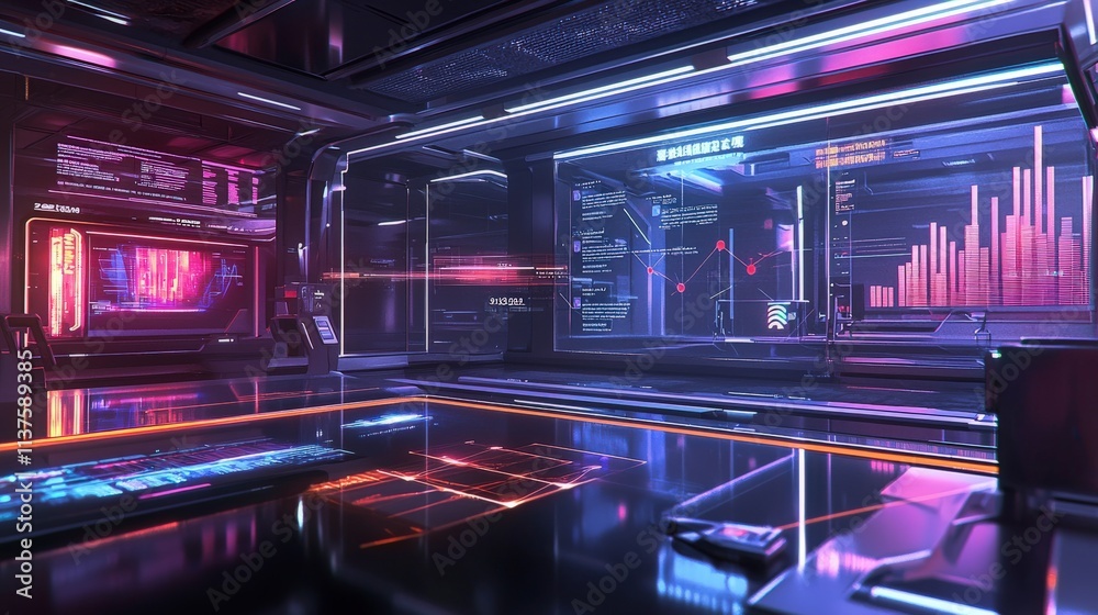 Poster futuristic business presentation high-tech office digital content neon environment immersive viewpoi