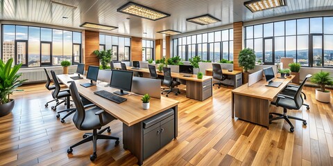 Modern Office Space with Long Wooden Desks, Grey Dividers, and Black Mesh Chairs Perfect for Productive Work Environment