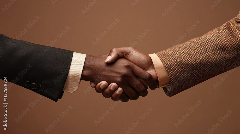 Poster two men shaking hands in a business meeting. the color of the year mocha mousse