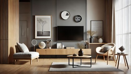 Modern Living Room Interior with Entertainment Center and Neutral Tones