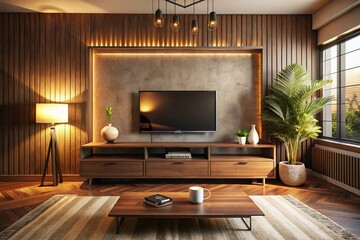 Modern TV Unit Design: Vintage Style Interior Photography - AI Generated Images